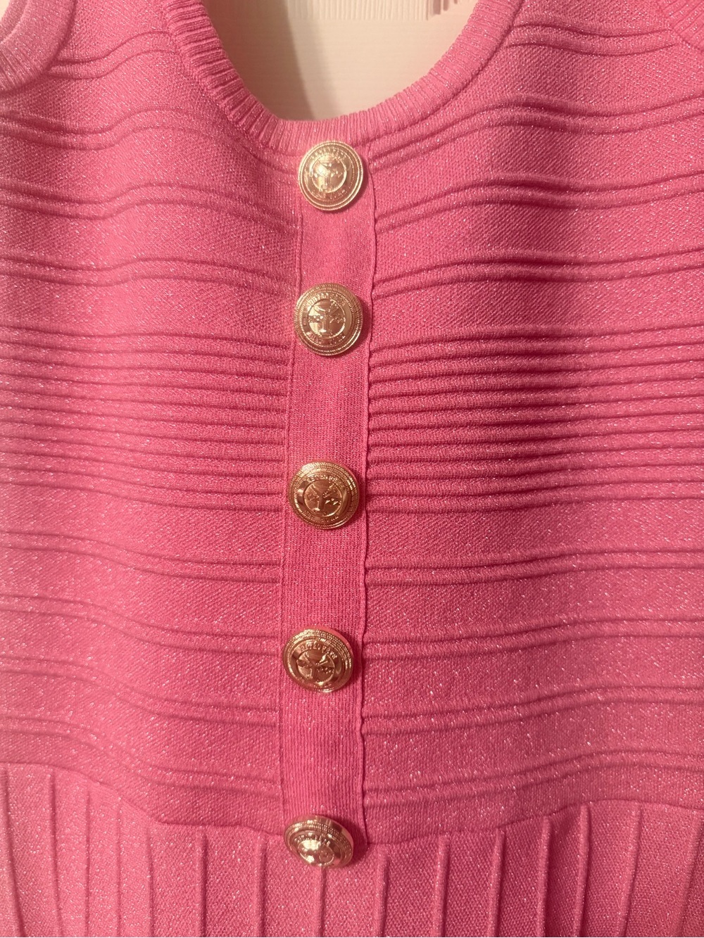 Retrofete Pink Sleeveless Pleated Knit Dress with Gold Buttons - Picture 2 of 6
